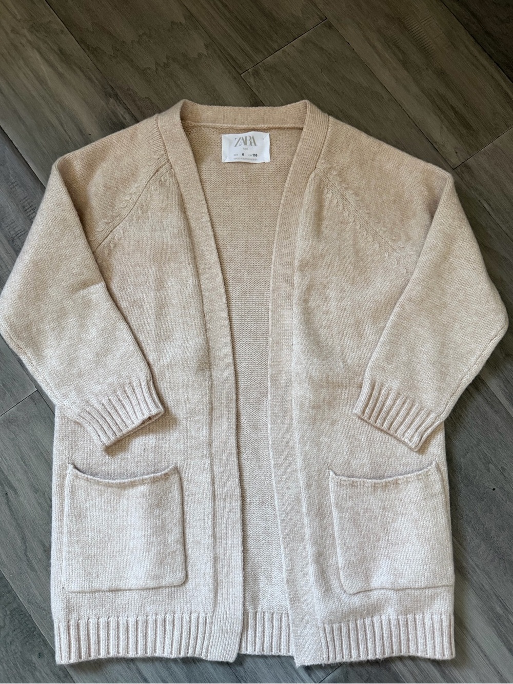 Zara kids Light Cream Open-Front Pocket Knit Cardigan